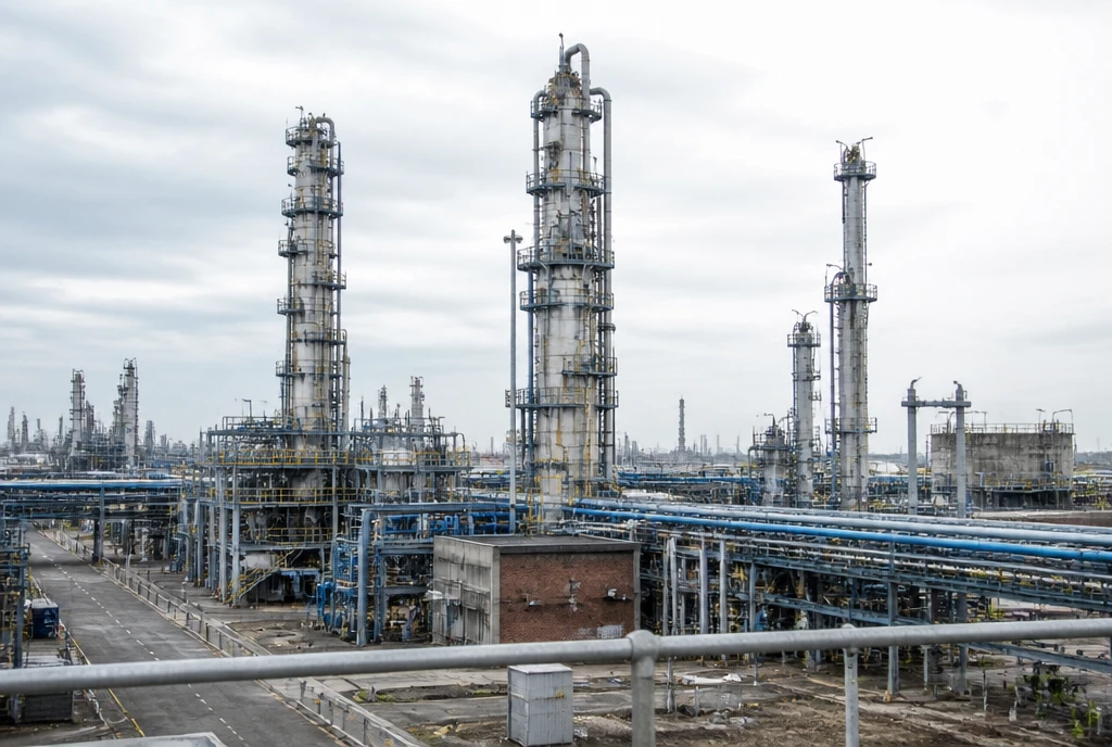 Vista ilustrativa de una refinería y su infraestructura de producción