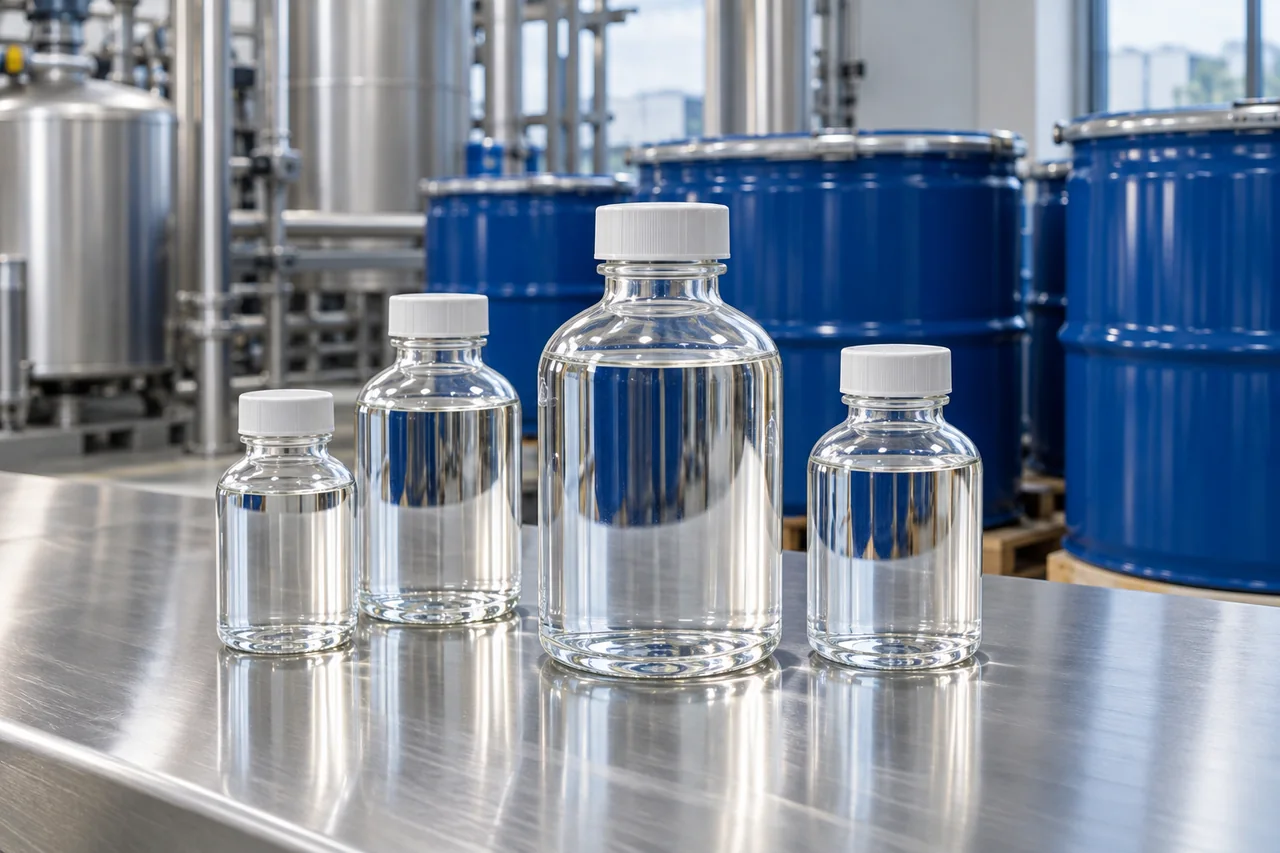 Muestras transparentes de solventes en un entorno industrial